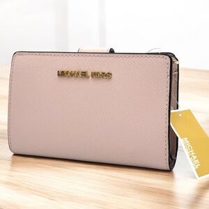Michael Kors Medium Jet Set Travel Zip Chain Bifold Wallet Leather Powder Blush